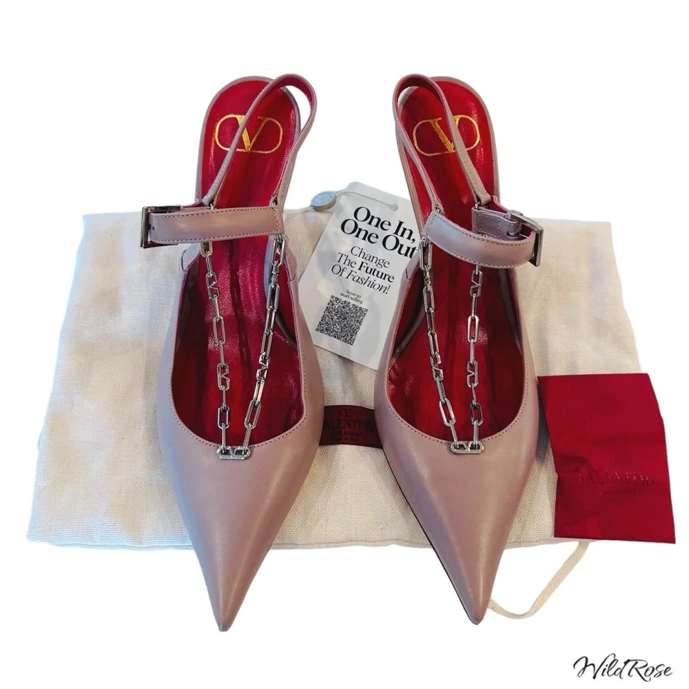 VALENTINO GARAVANI Nude Valentino V Logo Silver Chain Detail Slingback Pumps 36 - Picture 5 of 17